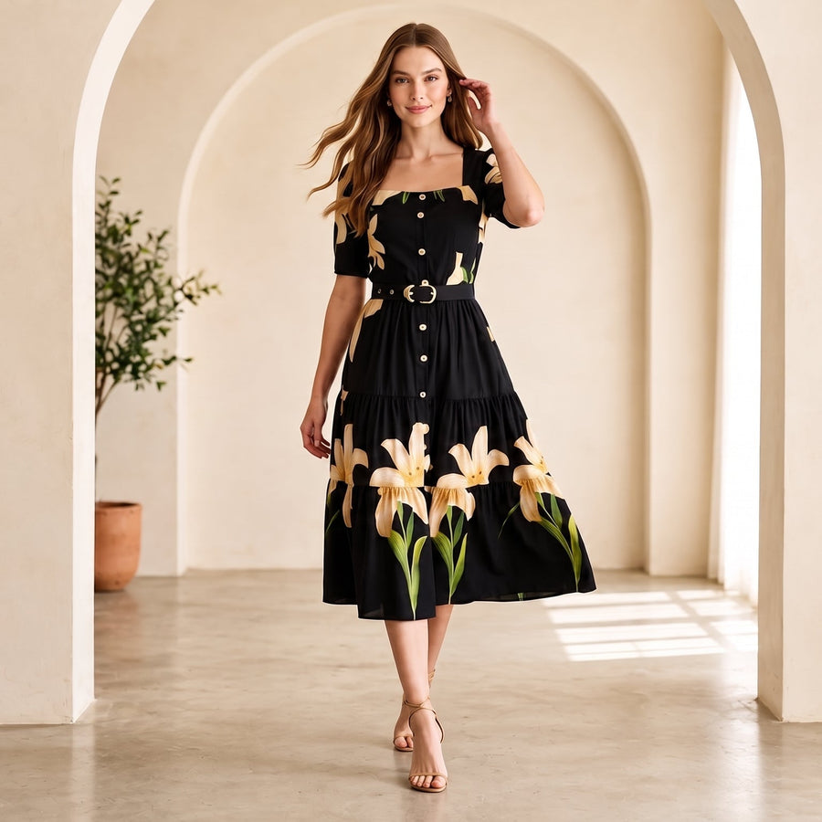 Vestido Viscosarja Preto Floral