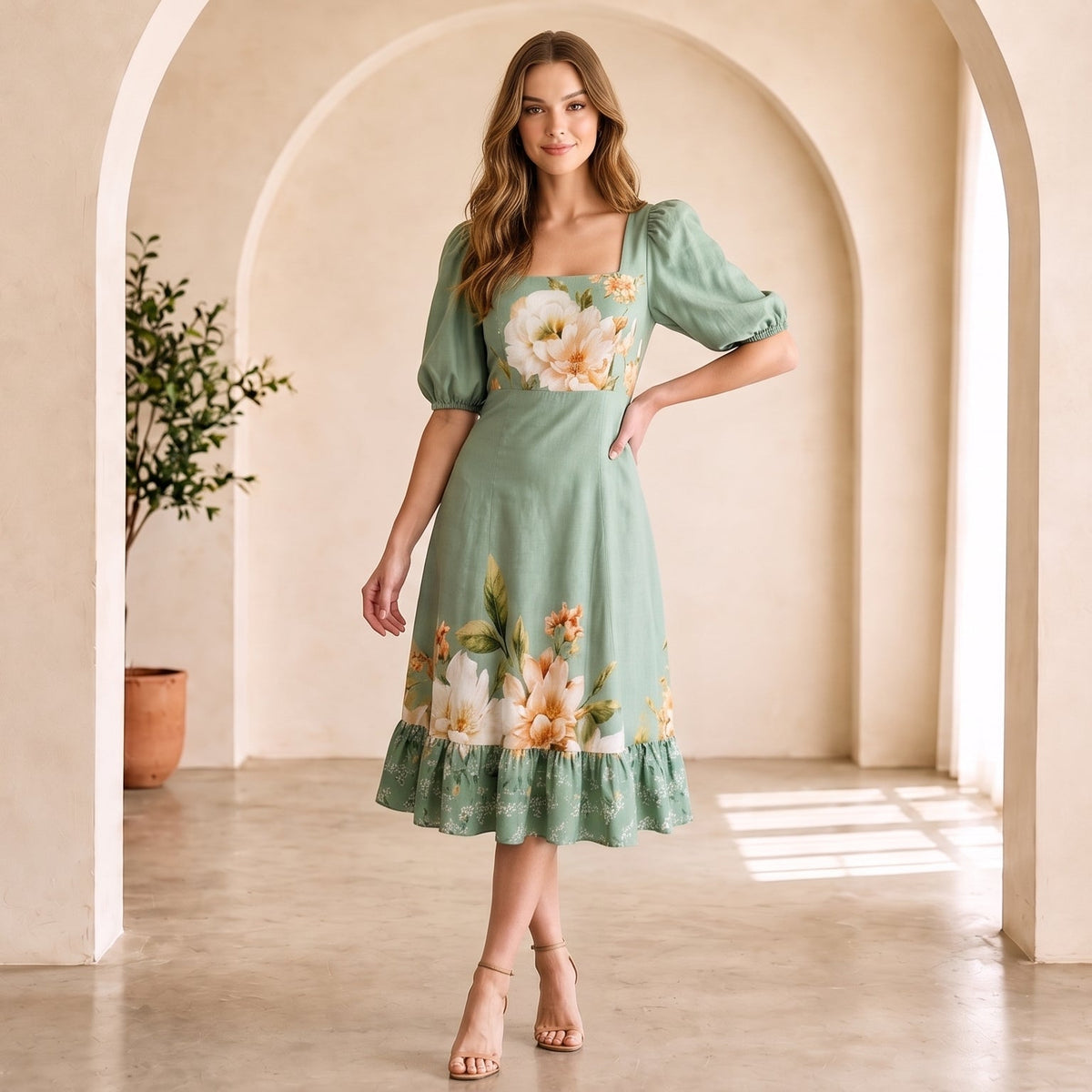 Vestido Viscosarja Verde Estampado