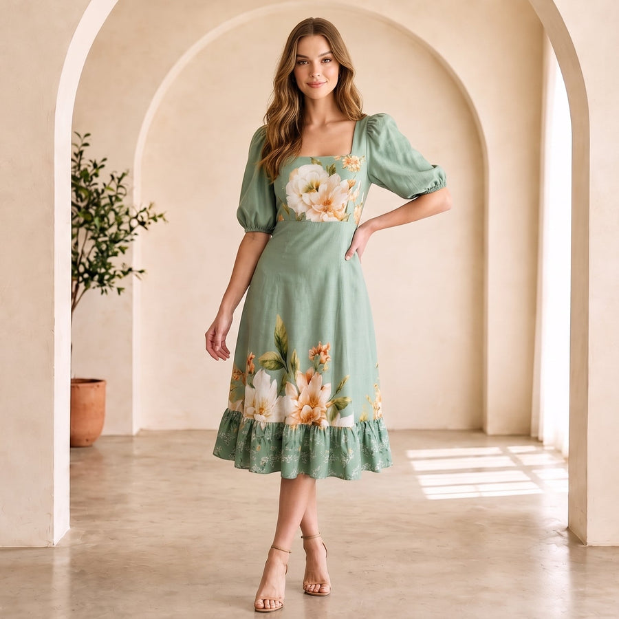 Vestido Viscosarja Verde Estampado