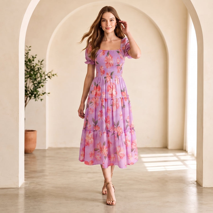 Vestido Rosa Floral Chifon
