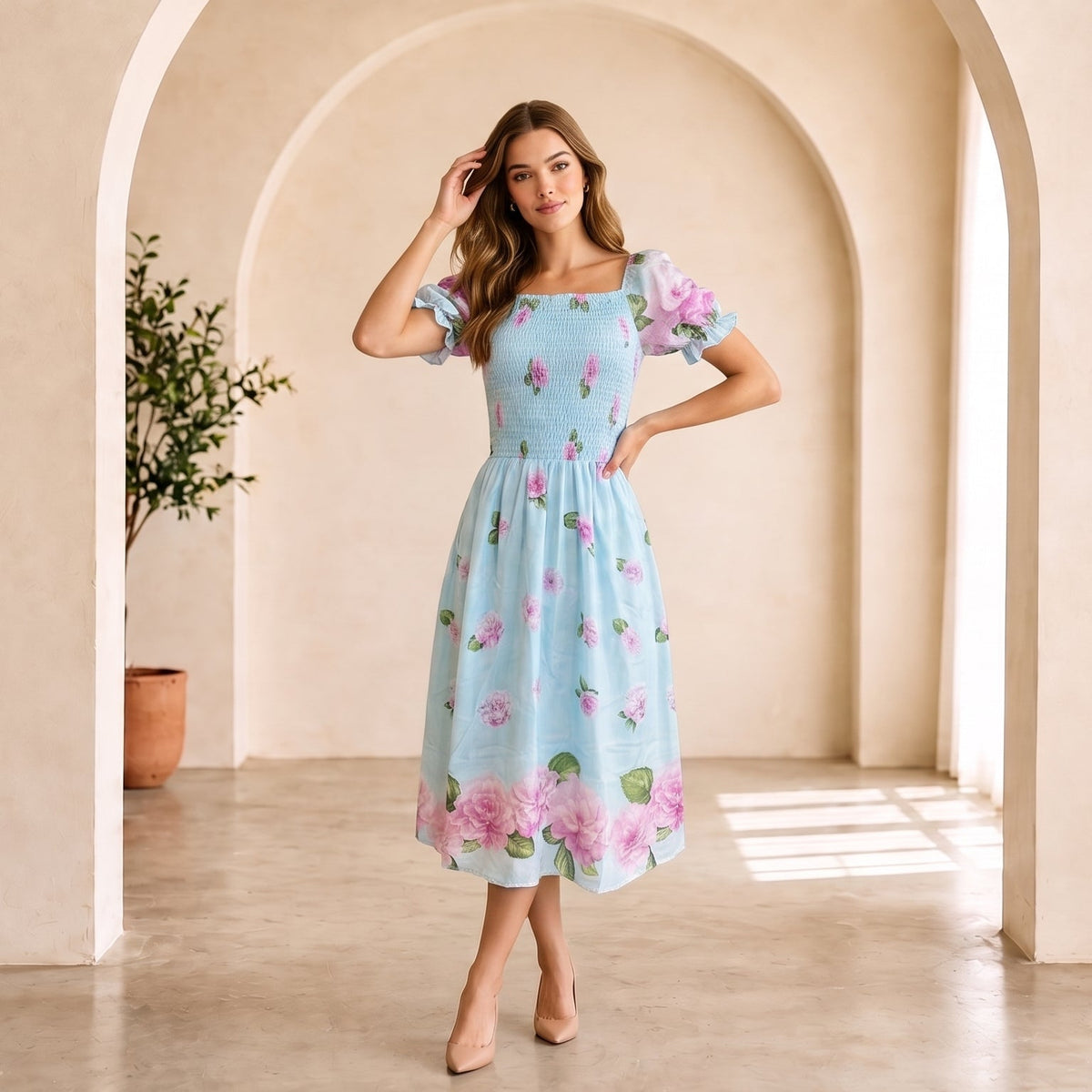 Vestido Verde Água Floral Chifon