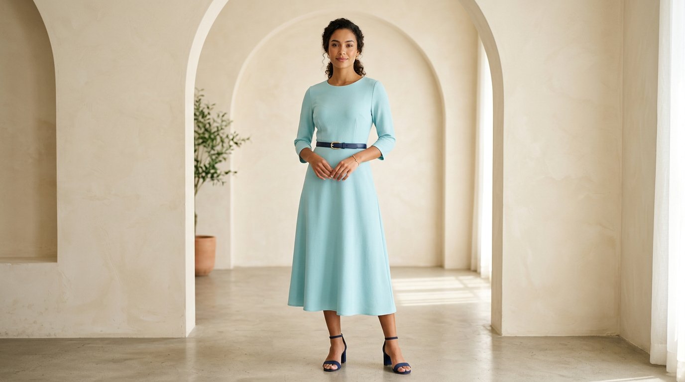 Mulher usando vestido azul-claro elegante da Luci Store